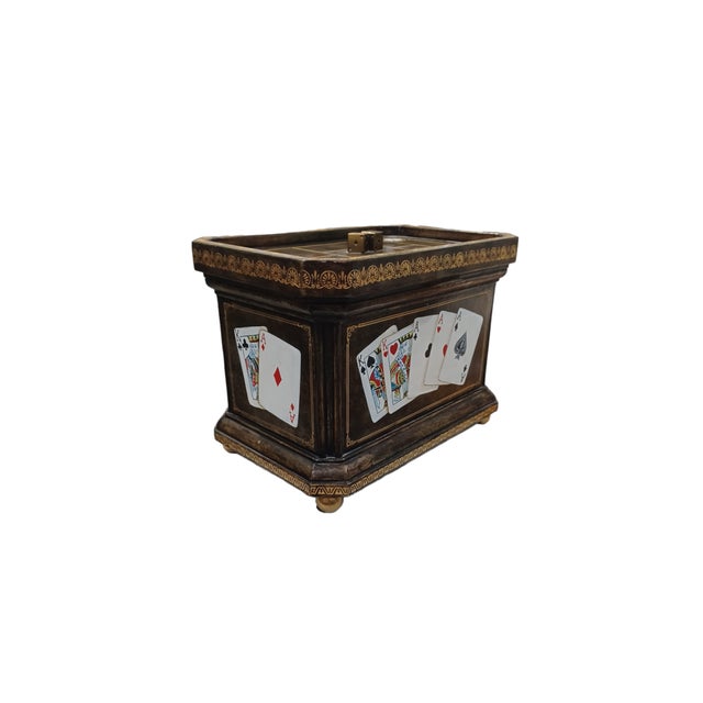Vintage Maitland Smith tooled leather decorative box with handpainted plating cards and brass dice. Original Maitland...