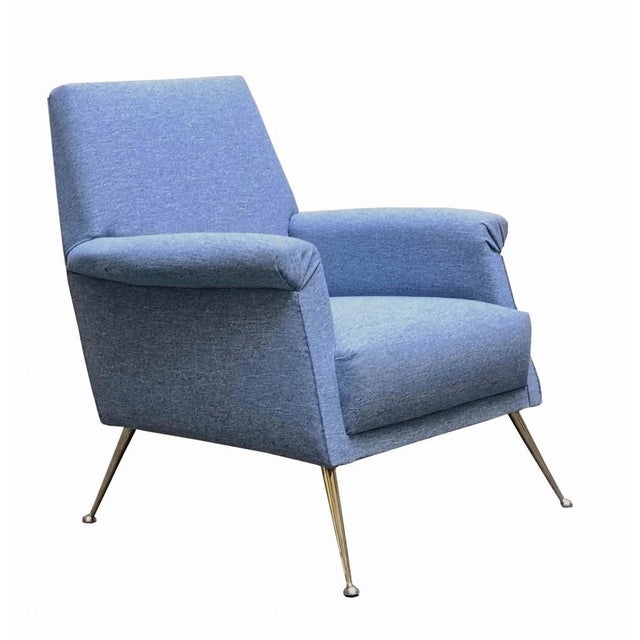 Mid-Century Modern Light Blue Fabric Armchair with Brass Feet, Italy, 1960s For Sale - Image 3 of 7