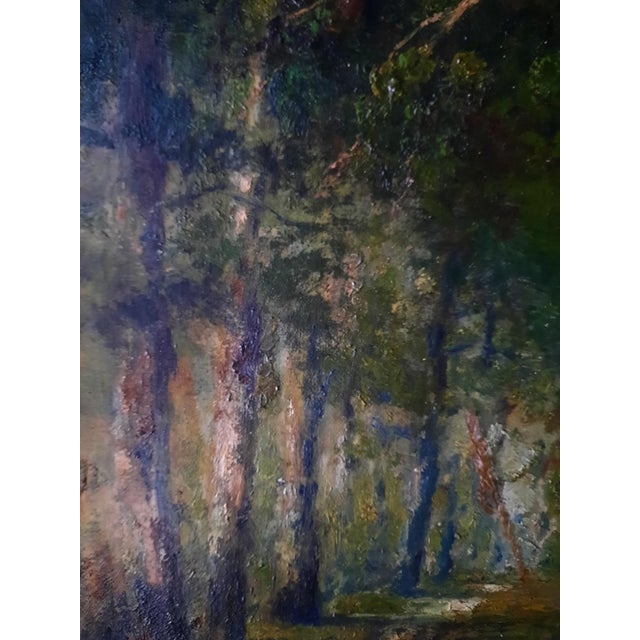 A luminous 1939 oil landscape depicting a tranquil stand of birch trees illuminated by softly filtered sunlight. The...