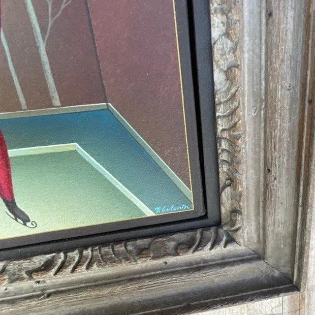 A charming vintage Boho original oil painting on canvas. A chic little Abstract Figural of a dancing woman on skates....