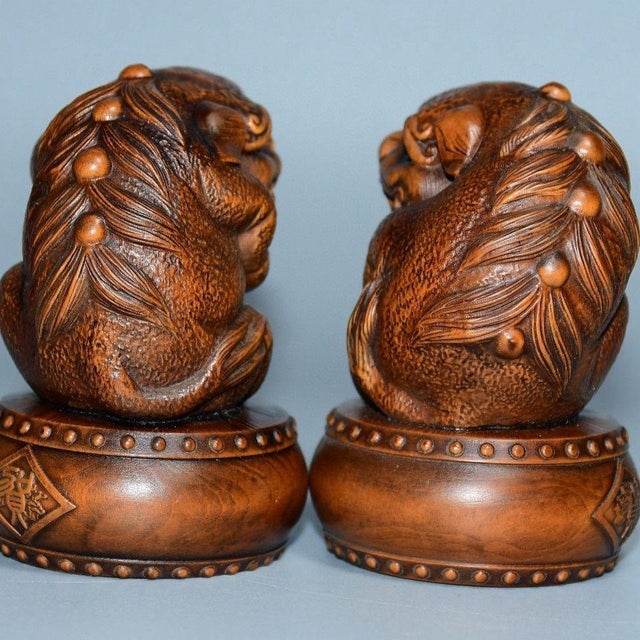 Pair of Carved Boxwood Guardian Lions – 3" Foo Dog Figures With Pedestals For Sale - Image 4 of 9