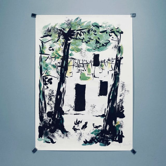Charming, slice of country life setting depicting hanging laundry in front of an abstracted forest Unabomber-like dwelling...