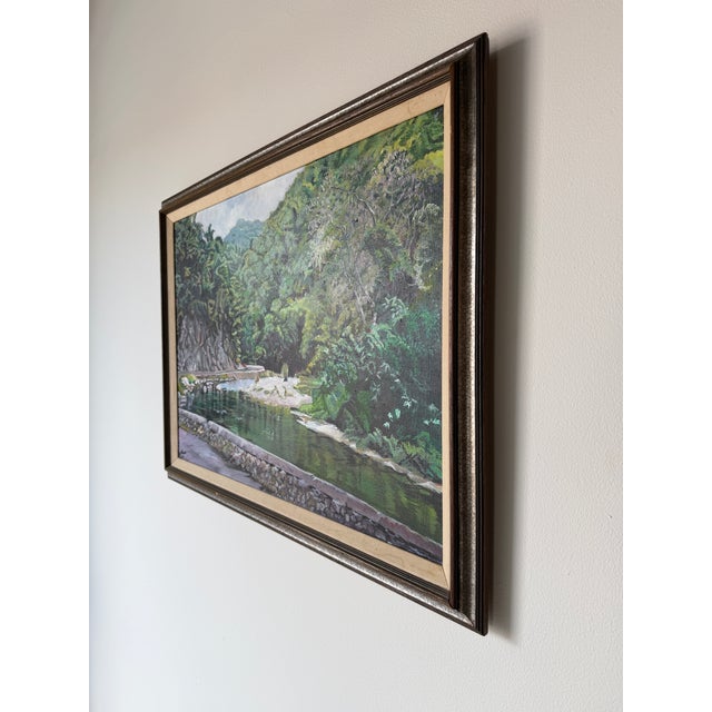 1970s Vintage Tropical River Landscape Oil on Canvas Painting, Framed For Sale - Image 4 of 12