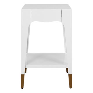 Matthew Izzo Home Patti Glossy White Lacquer One Drawer Side Table With Antique Brass Foot Caps For Sale