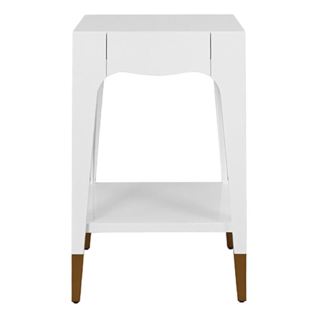 Matthew Izzo Home Patti Glossy White Lacquer One Drawer Side Table With Antique Brass Foot Caps For Sale