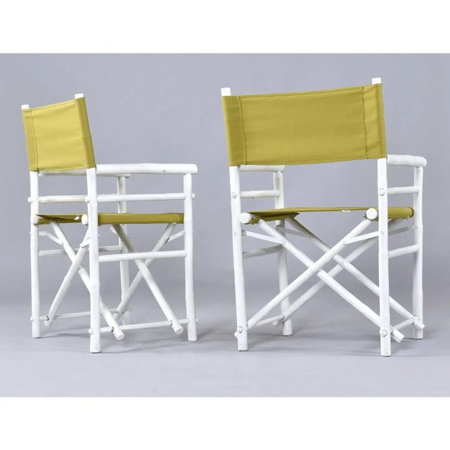 White Set of 4 Vintage White Rattan Bamboo Canvas Sling Folding Directors Chairs For Sale - Image 8 of 16