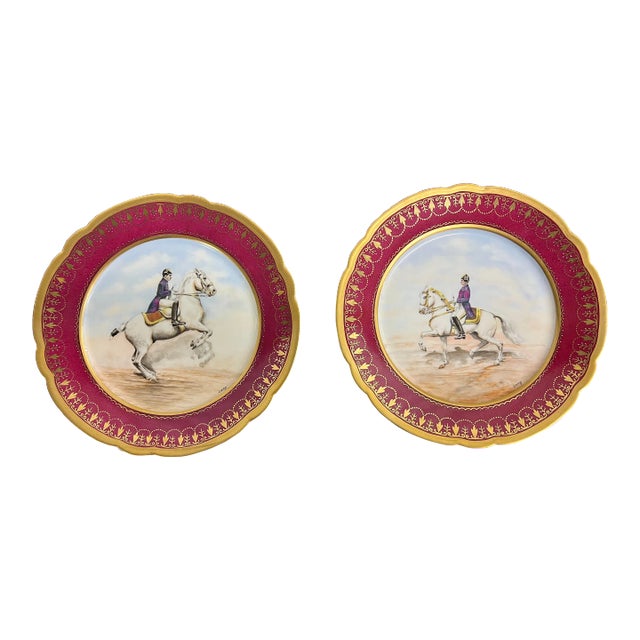 Pair, French Signed Charles Pillivuyt Opposing Napoleonic Horseback Plates 9.5" C. 1870 For Sale