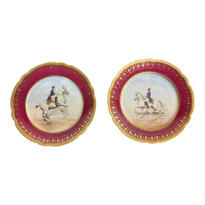 Pair, French Signed Charles Pillivuyt Opposing Napoleonic Horseback Plates 9.5" C. 1870