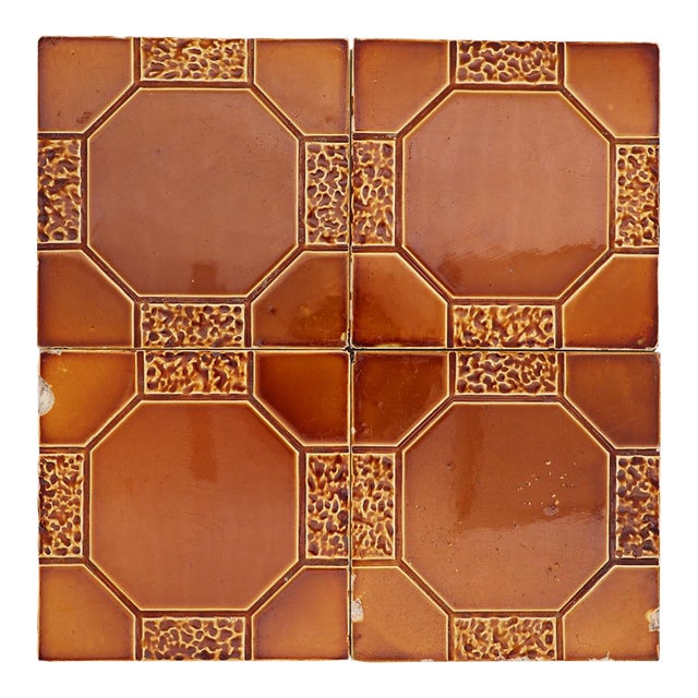 1910s Set of Four Large Art Deco Glazed Brown Tiles, Portuguese For Sale