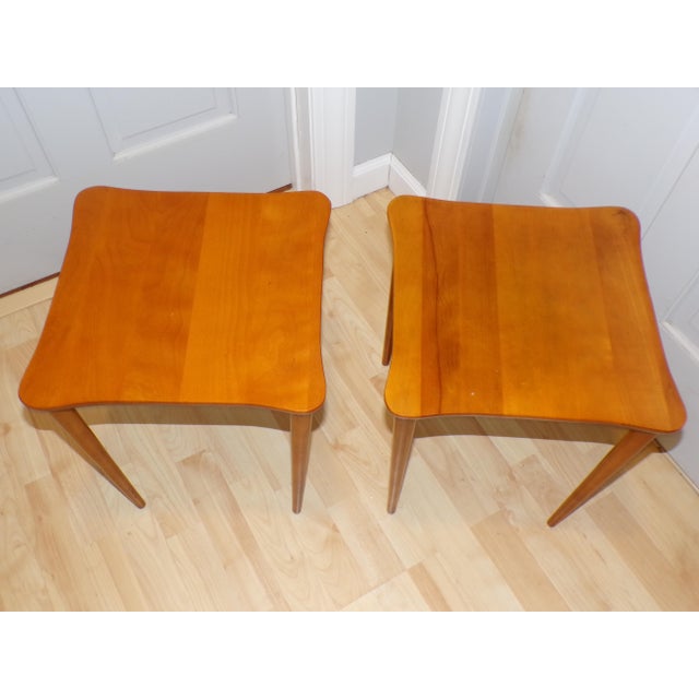 Vintage Pair Mid Century Clover End Side Tables features curved edges and long tapered legs. Solid Maple wood with a...