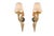 Pair of French-style gilded brass wall sconces dating to the 1950s. Each has an ornamental scroll arm with feather-like...
