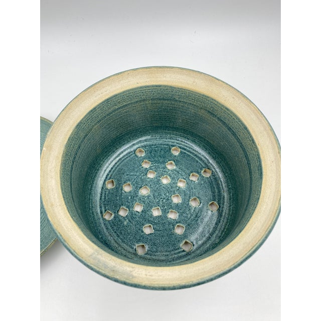 Blue Vintage Studio Pottery Covered Berry Bowl With Lid and Drip Plate, Blue Green Ceramic Colander, Signed Handmade Produce Keeper For Sale - Image 8 of 13