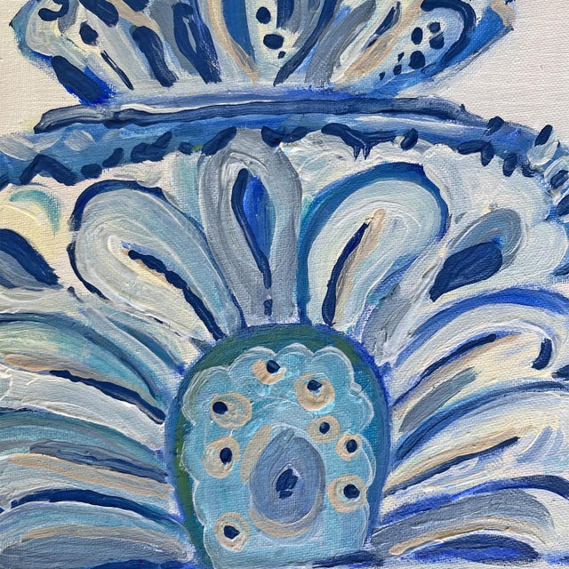 Original Framed Oil Acrylic Blue and White Vase Painting, Organic Boho Art Floral Wall Art, 13" X 13" by Tatiana Duperault For Sale - Image 4 of 4