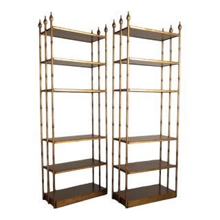 1960s Gilt Iron Faux Bamboo Freestanding Étagères Bookcases Shelves Hollywood Regency - a Pair For Sale