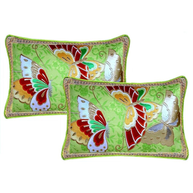 1990s Hand-Embroidery Vintage Butterfly Silk Lumbar Pillow Framed With Vintage Guipure Lace and Piping For Sale - Image 5 of 12