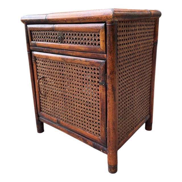 Vintage Burnt Bamboo and Cane Accent Cabinet For Sale