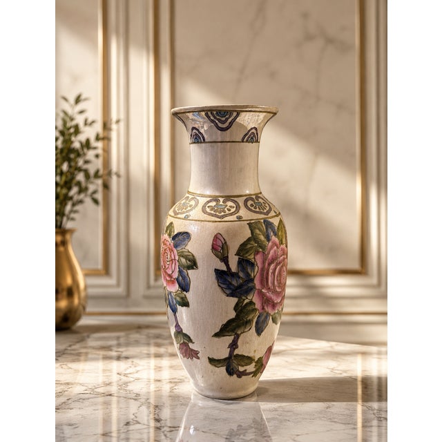 Vintage Hand-Painted Asian Porcelain Floral Vase | Pink Roses, Purple Flowers, Gold Trim 12.5in For Sale - Image 4 of 9