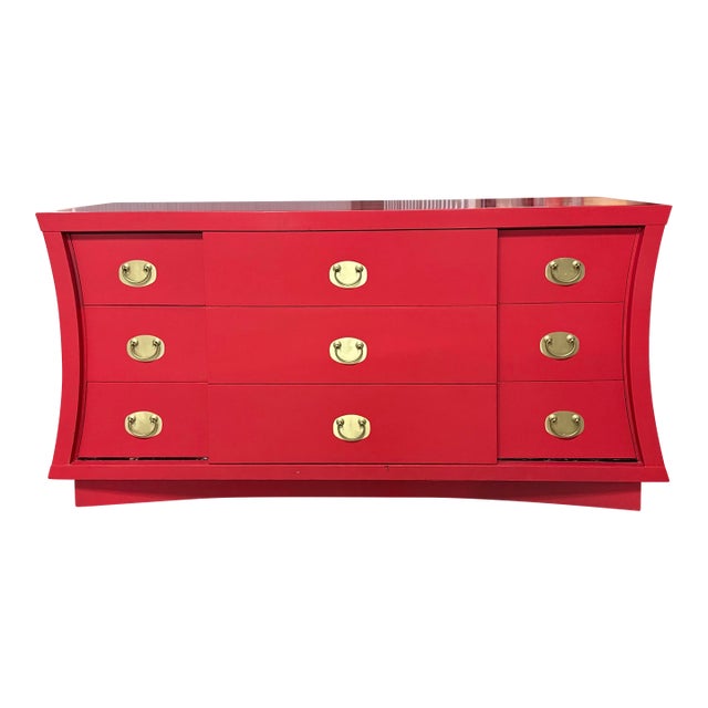 Vintage 9 Drawer Lowboy Reimagined in Scarlett For Sale