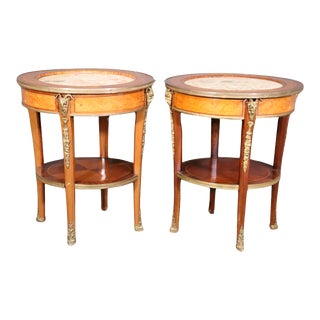 Inlaid Satinwood and Walnut Marble Top Bronze Rams Head End Tables - A Pair For Sale