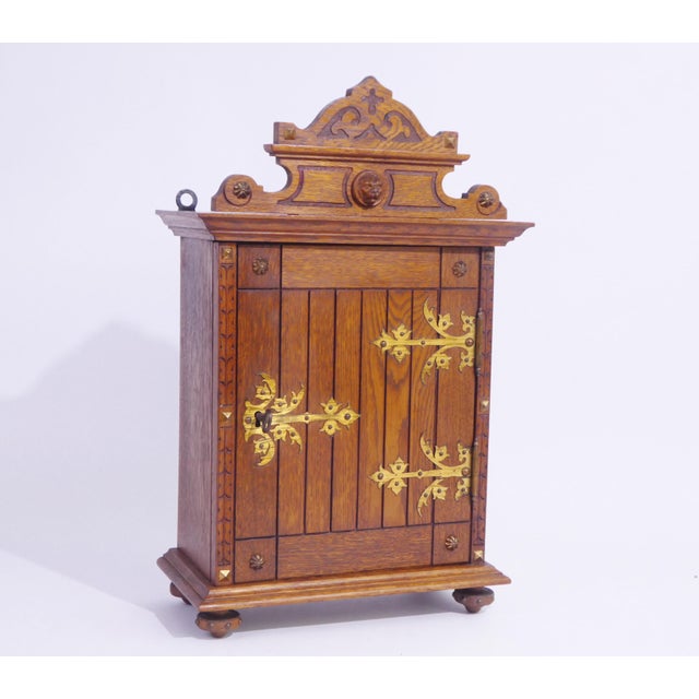Vintage Wooden Wall Cabinet with Ornate Brass Hinges and Lion Head, 1940s For Sale - Image 11 of 11