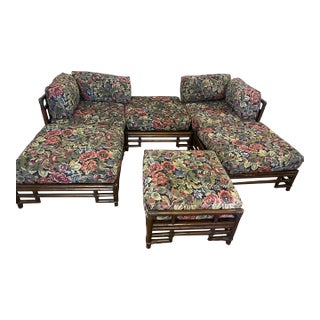 Mid 20th Century 6 Pieces Ficks Reed Bamboo Rattan Modular Sectional Corner Chairs Chaise Couch Footstool For Sale