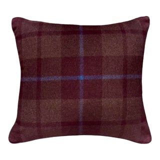 18" Custom Schumacher Montana Wool Plaid Self-Welt Pillow Pattern 66665 in Burgundy For Sale