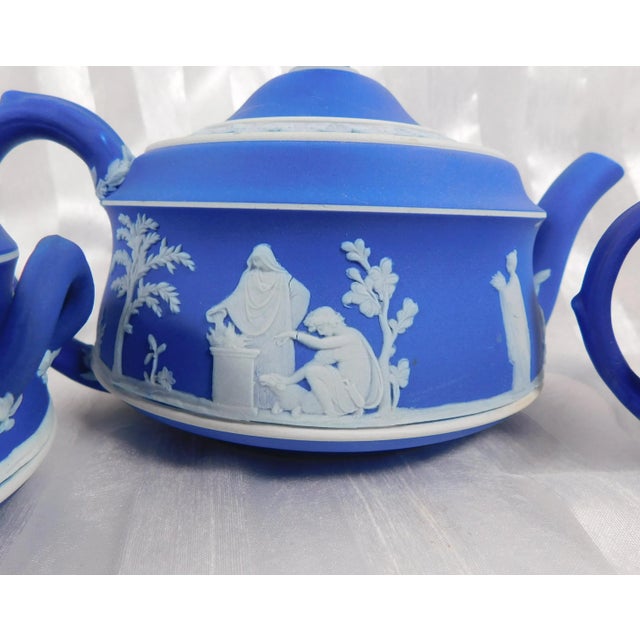 Blue 1960s Portland Blue Wedgwood Jasperware Teapot Sugar Bowl and Creamer For Sale - Image 8 of 13