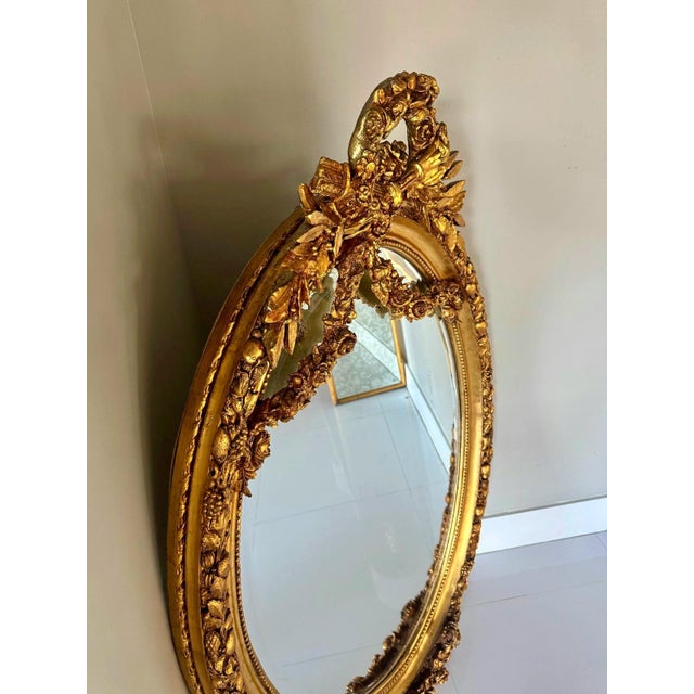 Glass Italian Oval Wall Mirror – Gold Leaf Frame With Flowers For Sale - Image 7 of 9