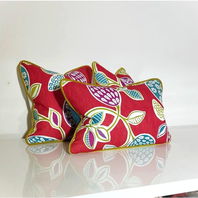Ruby Red Vibrant Cottagecore Charm: Hana Chess in Ruby + Romo Miro in Beijing Blue + Down-Feather Filled Pillows = a Set of 4 For Sale - Image 8 of 17