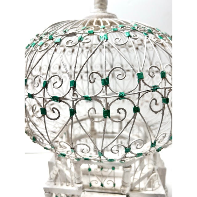 Eggshell French Country Whitewashed Metal Birdcage Sculpture – Ornate Decorative Cage With Green Jewel Accents, Garden Room Decor For Sale - Image 8 of 12