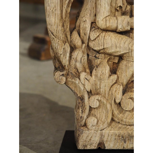 Beige Charming Flemish Washed Oak Capital, Two Men Drinking at a Barrel, Circa 1800 For Sale - Image 8 of 12