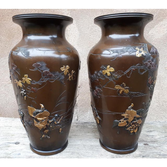 Metal Meiji Era Bronze Vases with Precious Metal Inlays by Kumagaya, Japan, 1890s, Set of 2 For Sale - Image 7 of 12