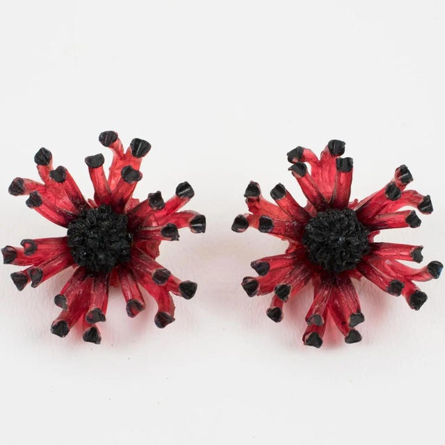 Francoise Montague Paris Red and Black Floral Resin Clip Earrings For Sale - Image 4 of 6