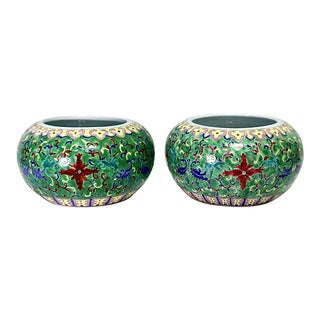 Vintage Chinese Jade Green Porcelain Planters, Tongzhi Seal Marks, Republic Period, a Pair 11" For Sale