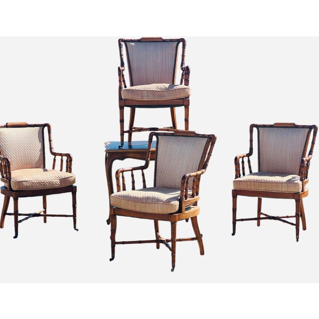French Kittinger Style Faux Bamboo Chairs and Petite Game Table For Sale - Image 3 of 18