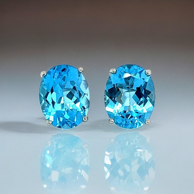 Magnificent Natural Finely Faceted Quality large 5.79 TW Blue Topaz Stud Earrings set in 14k White Gold Certified $599...