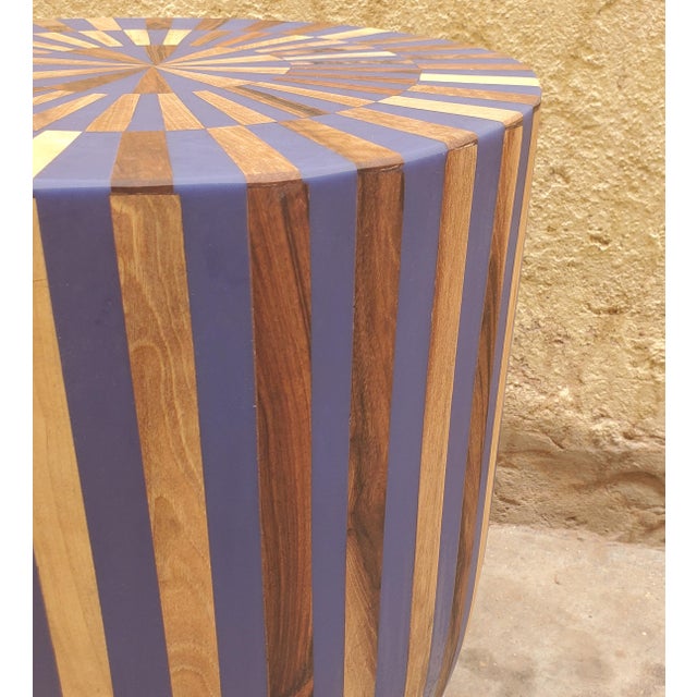 Moroccan Contemporary Traditional Moroccan Resin and Walnut Wood Stool / Blue Bell Shape For Sale - Image 3 of 6