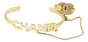 Chanel Vintage Gold CC Crystal Ring Chained Letter Cuff Bracelet