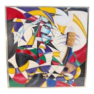Original Juan Quevedo Pop Cubism Geometric Guitarist Music Mixed Media Painting For Sale