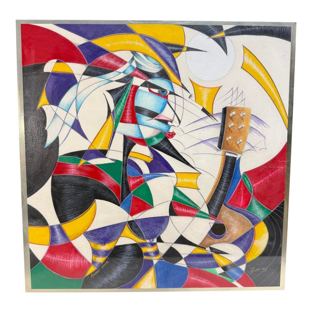 Original Juan Quevedo Pop Cubism Geometric Guitarist Music Mixed Media Painting For Sale