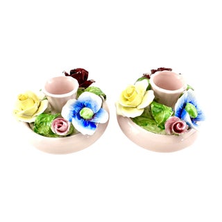Vintage Radnor Bone China Hand Painted Pink Floral Candlestick Holder, Set of 2 For Sale