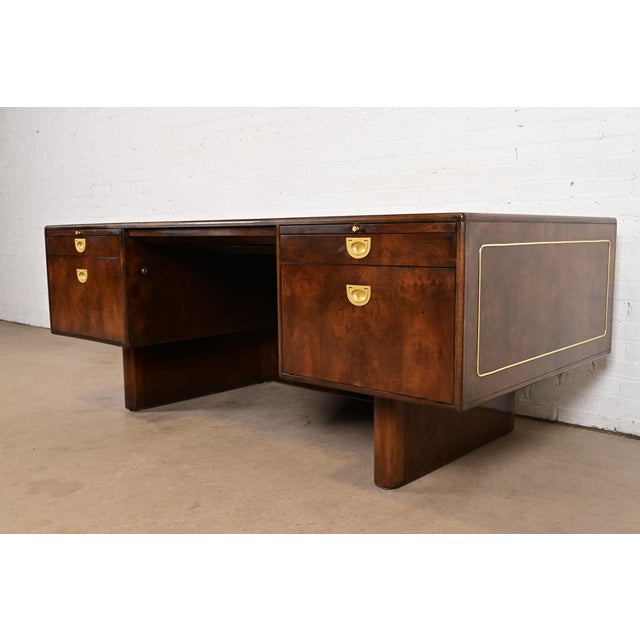 Romweber Romweber Mid-Century Modern Hollywood Regency Burl Wood and Brass Executive Desk, Circa 1970s For Sale - Image 4 of 12