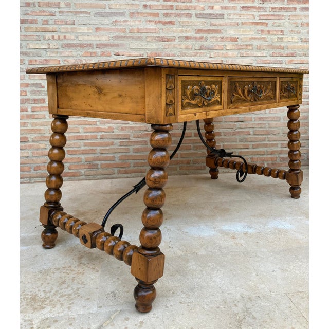 19th-Century French Hand Carved Oak Desk with Iron Stretcher & Solomonic Legs For Sale - Image 13 of 18