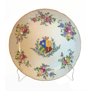 Charles Ahrenfeldt Saxe Porcelain Charger With Hand Painted Flowers and Crest, Armorial