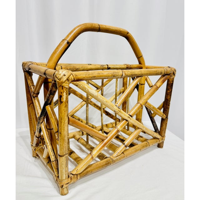 Mid-Century Modern Vintage Scorched Bamboo & Bent Rattan Magazine Holder For Sale - Image 3 of 5