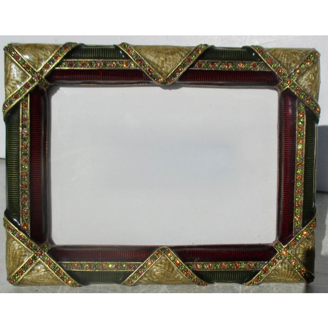 Modern Vintage Enamel and Jeweled Brass Photo Frame For Sale - Image 3 of 5