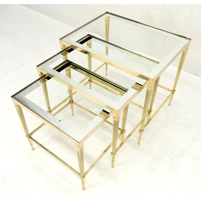 Mid-Century Modern Fine Polished Brass Glass Mirrored Frames Tops Nesting Side Tables Stands Redone For Sale - Image 3 of 16
