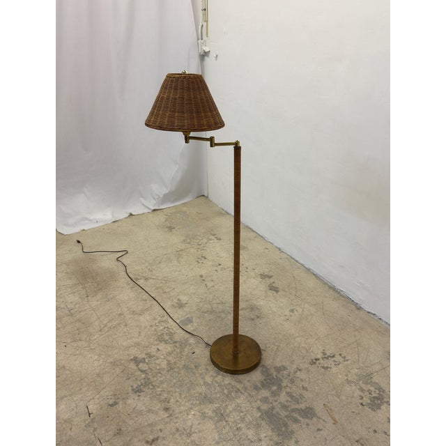 Gabriella Crespi Mid-Century Brass and Rattan Wrapped Floor Lamp With Wicker Shade, 1960s For Sale - Image 4 of 12