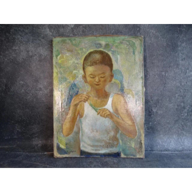 Tan Mid 20th Century Naoyasu Harada "Boy and Locust" Oil Painting on Canvas For Sale - Image 8 of 8