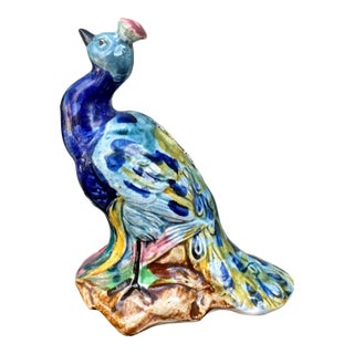 Vintage Hand-Painted Chinese Porcelain Peacock Sculpture Figurine — Asian Chinoiserie For Sale